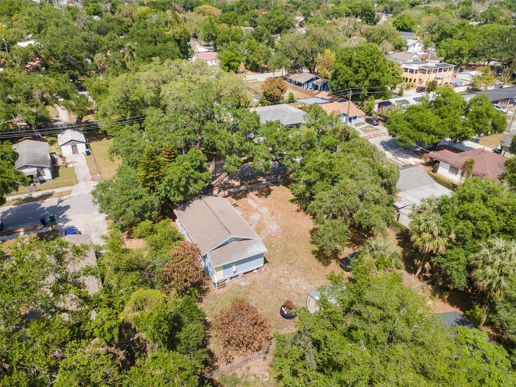 An aerial view shows a light blue house situated on a large, tree-filled residential lot — 1013 E 24TH AVENUE, TAMPA, FL