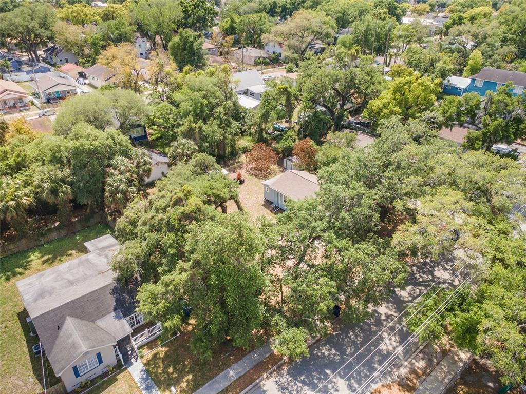 An aerial view shows two houses surrounded by dense trees in a residential neighborhood — 1013 E 24TH AVENUE, TAMPA, FL