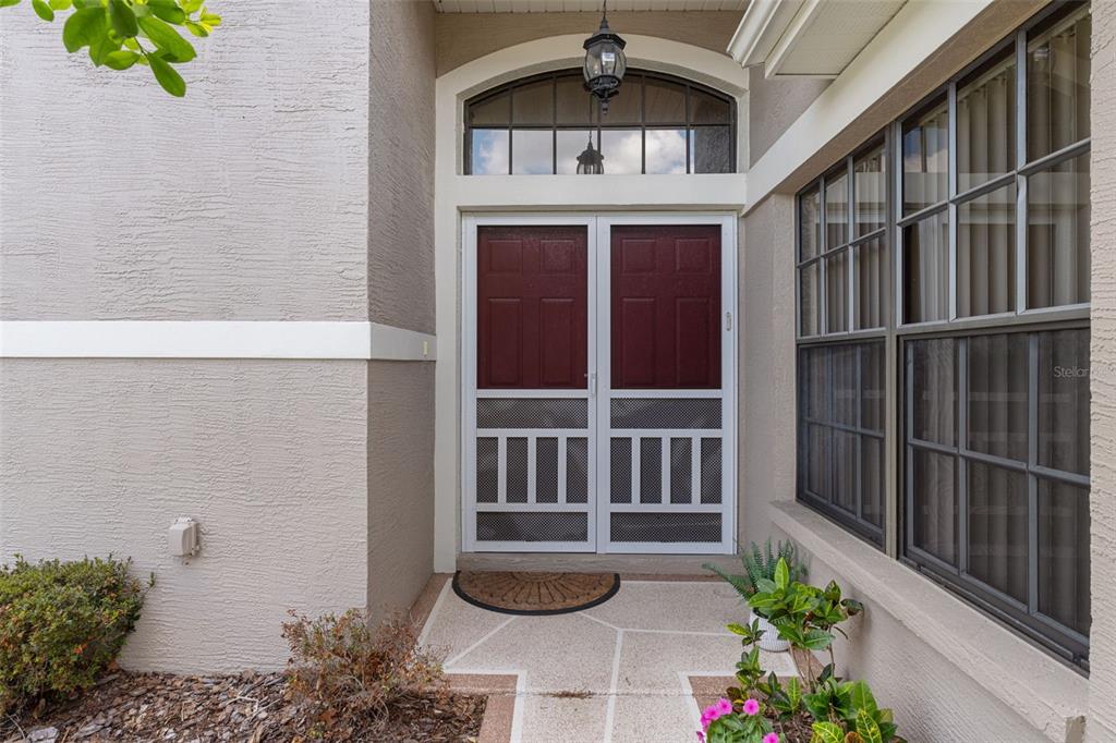 A front entryway features a double screen door with a decorative arched transom window above — 11293 COPLEY COURT, SPRING HILL, FL