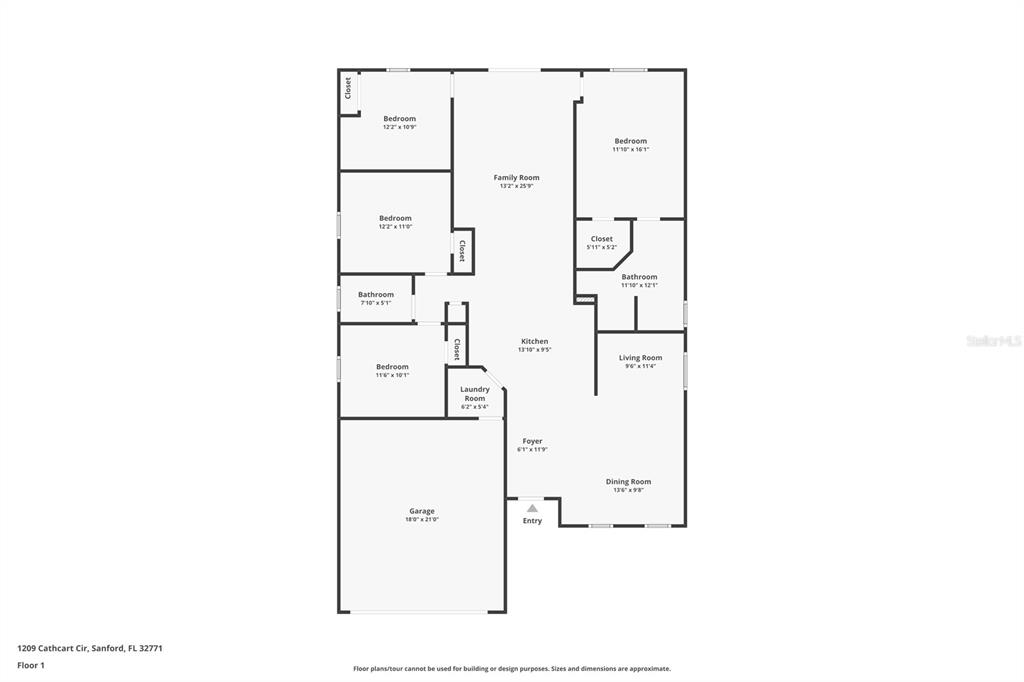 This is a floor plan showing the layout of a single-story residential home — 1209 CATHCART CIRCLE, SANFORD, FL
