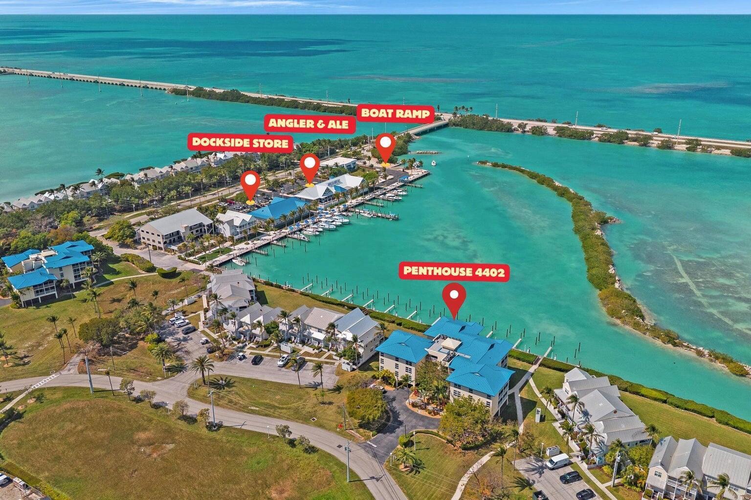 This aerial map shows a waterfront resort with a boat ramp, restaurant, and residential buildings — 4402 Marina Villa Drive, Marathon FL 33050, MARATHON, FL