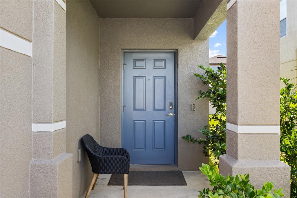 A blue front door with a black chair sits on a covered concrete porch — 6402 BACK FORTY LOOP, ZEPHYRHILLS, FL