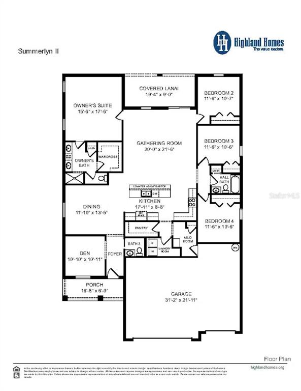 This floor plan shows a single-story home layout with four bedrooms, a garage, and lanai — 7094 SUNDIAL DRIVE, LAKELAND, FL