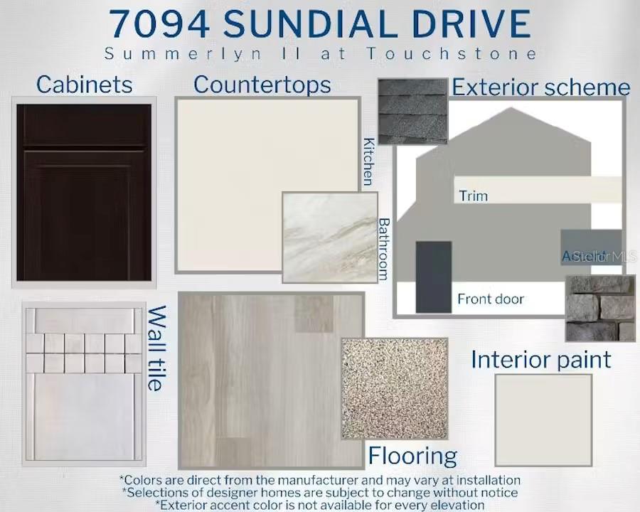 This design board displays material and color selections for a home's interior and exterior finishes — 7094 SUNDIAL DRIVE, LAKELAND, FL