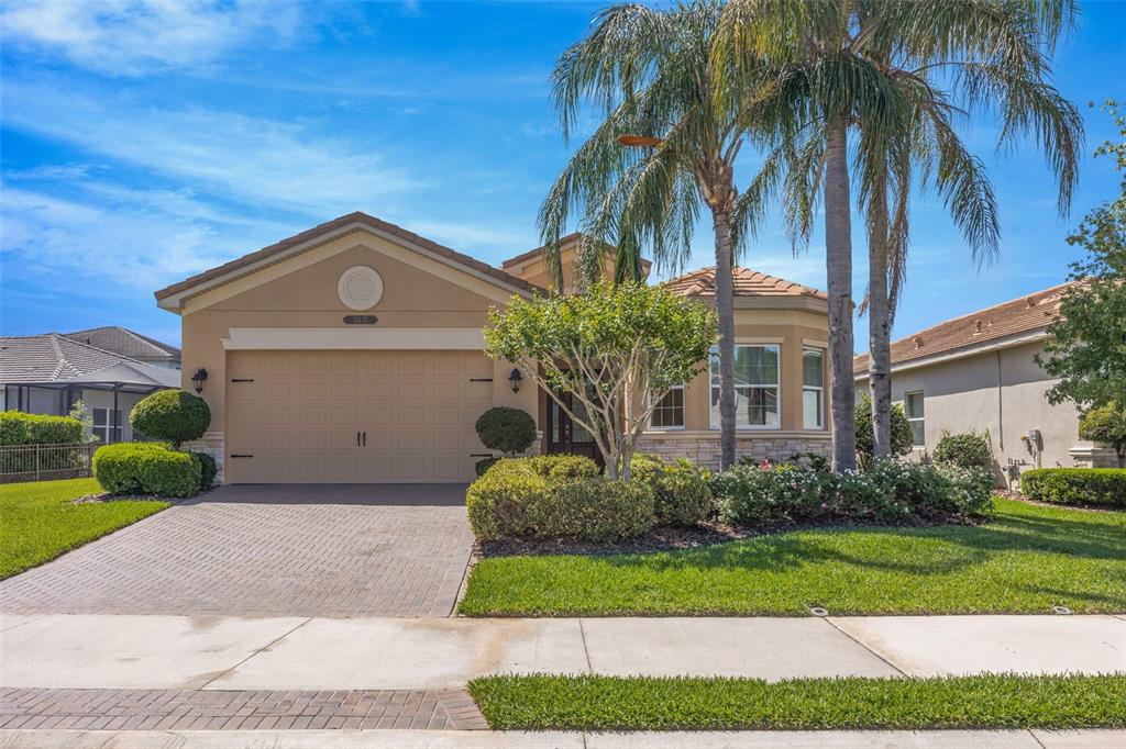 A single-story house with a tan stucco exterior, a two-car garage, and palm trees — 2415 OAKWOOD PRESERVE DRIVE, WESLEY CHAPEL, FL