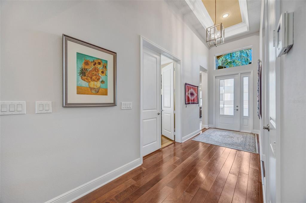 A bright entryway features hardwood floors, a tray ceiling with a chandelier, and white doors — 2415 OAKWOOD PRESERVE DRIVE, WESLEY CHAPEL, FL
