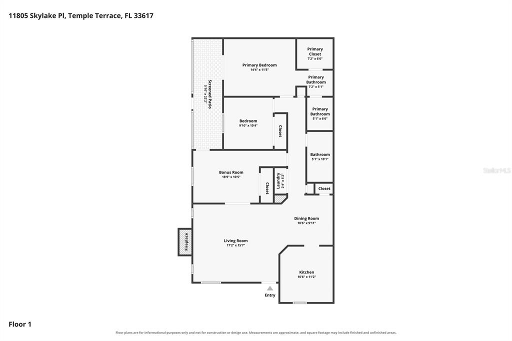This is a floor plan of a single-story home featuring a living room, kitchen, and bedrooms — 11805 SKYLAKE PLACE UNIT C, TAMPA, FL