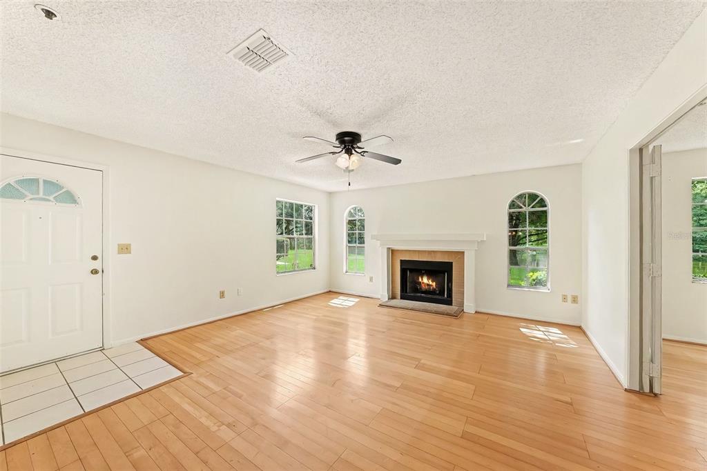 A living room with light wood floors, a fireplace, and a ceiling fan — 11805 SKYLAKE PLACE UNIT C, TAMPA, FL