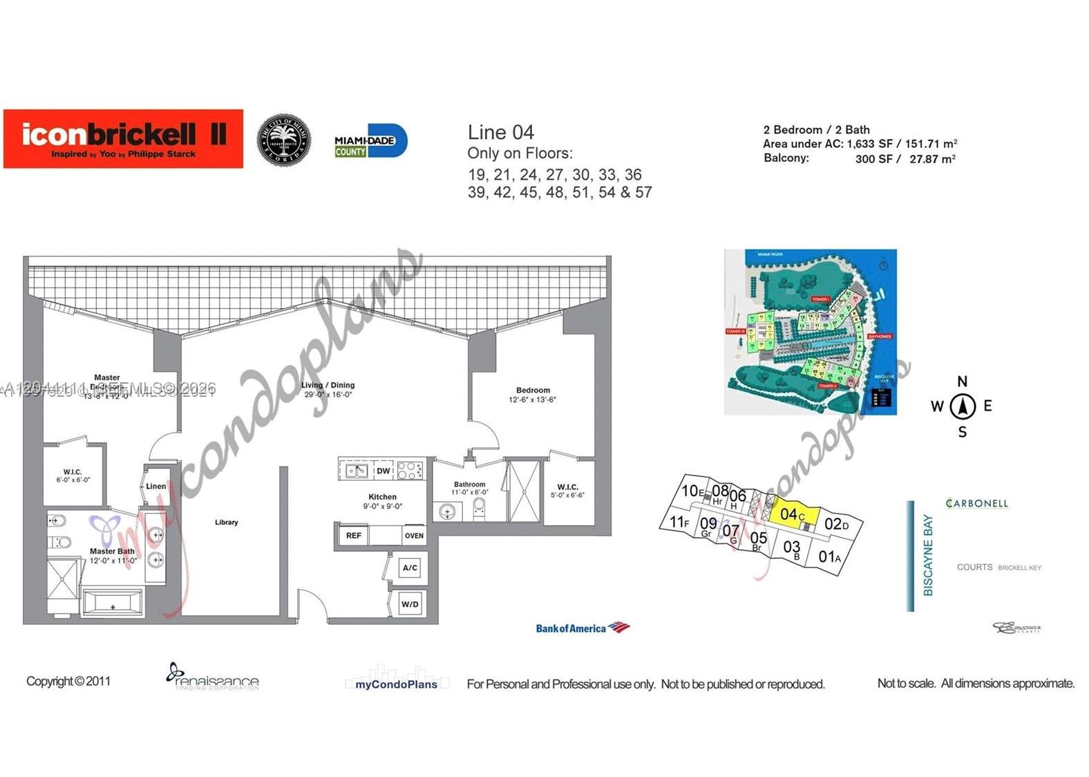 This floor plan shows a two-bedroom, two-bathroom condo unit with a balcony and library — 495 Brickell Ave # 4804, Miami FL 33131, MIAMI, FL