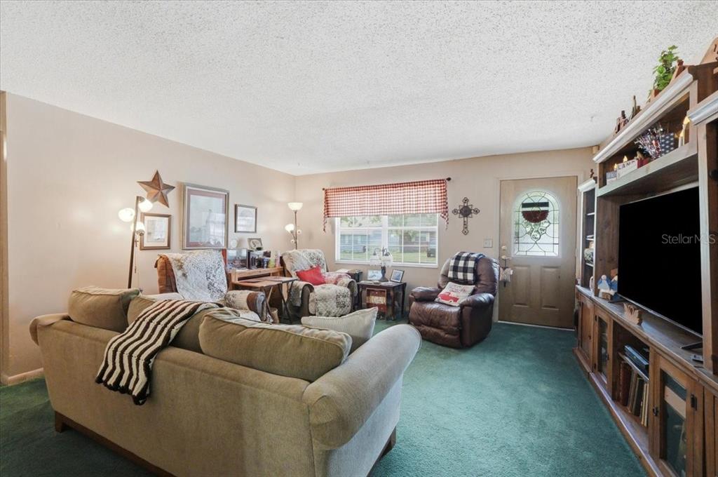 A living room features green carpeting, a beige sofa, several armchairs, and a large entertainment center — 626 CORTEZ STREET, LAKELAND, FL