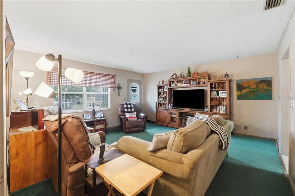 A living room features green carpeting, a large wooden entertainment center, and a beige sofa — 626 CORTEZ STREET, LAKELAND, FL