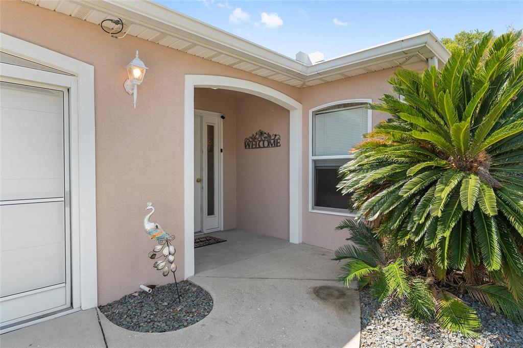 A peach-colored house exterior features a covered entryway, a white door, and a palm plant — 14160 SE 85TH AVENUE, SUMMERFIELD, FL