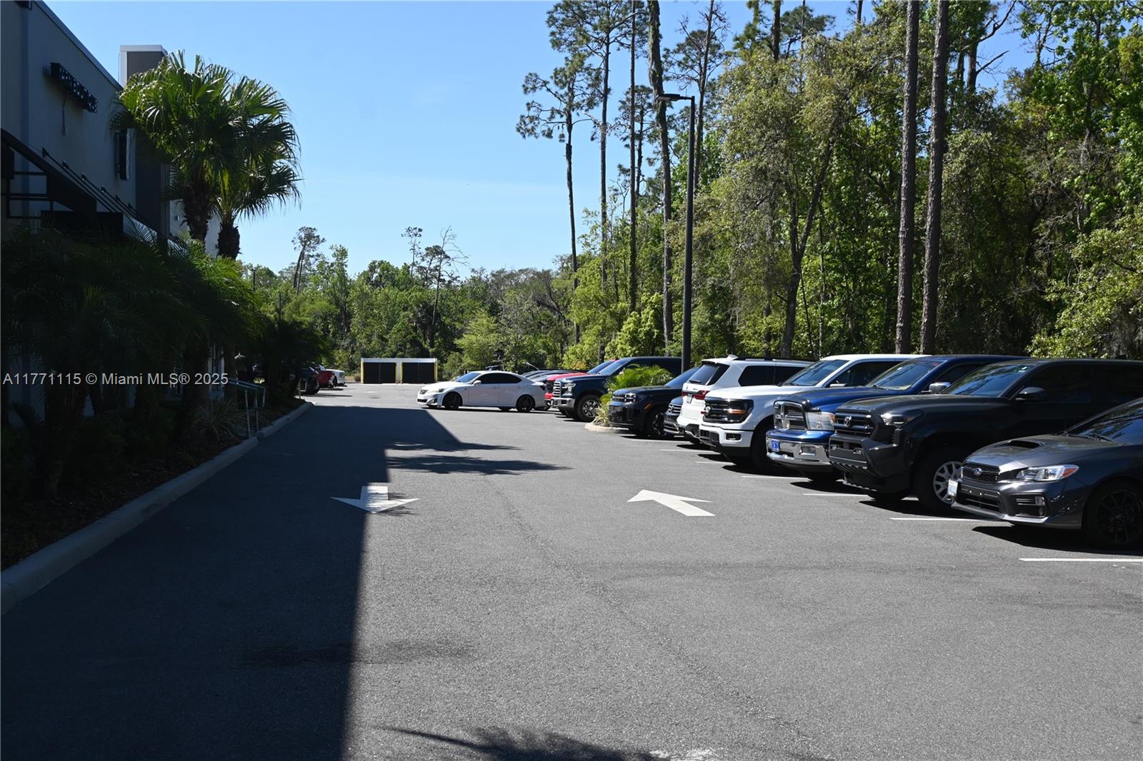 A parking lot with several parked cars sits beside a commercial building and trees — 3370 ROUSE RD # 109, Orlando FL 32817, ORLANDO, FL