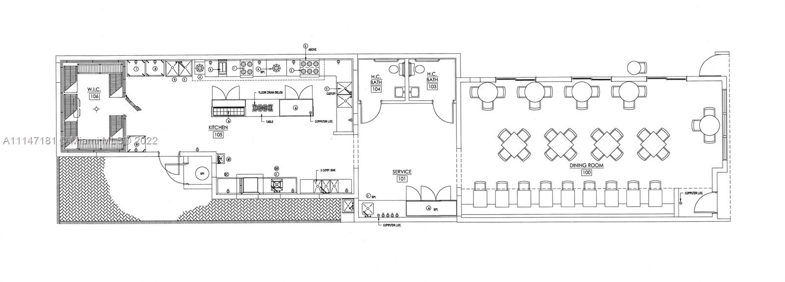 This is a floor plan for a restaurant featuring a kitchen, dining room, and restrooms — 355 Alcazar Ave, Coral Gables FL 33134, CORAL GABLES, FL