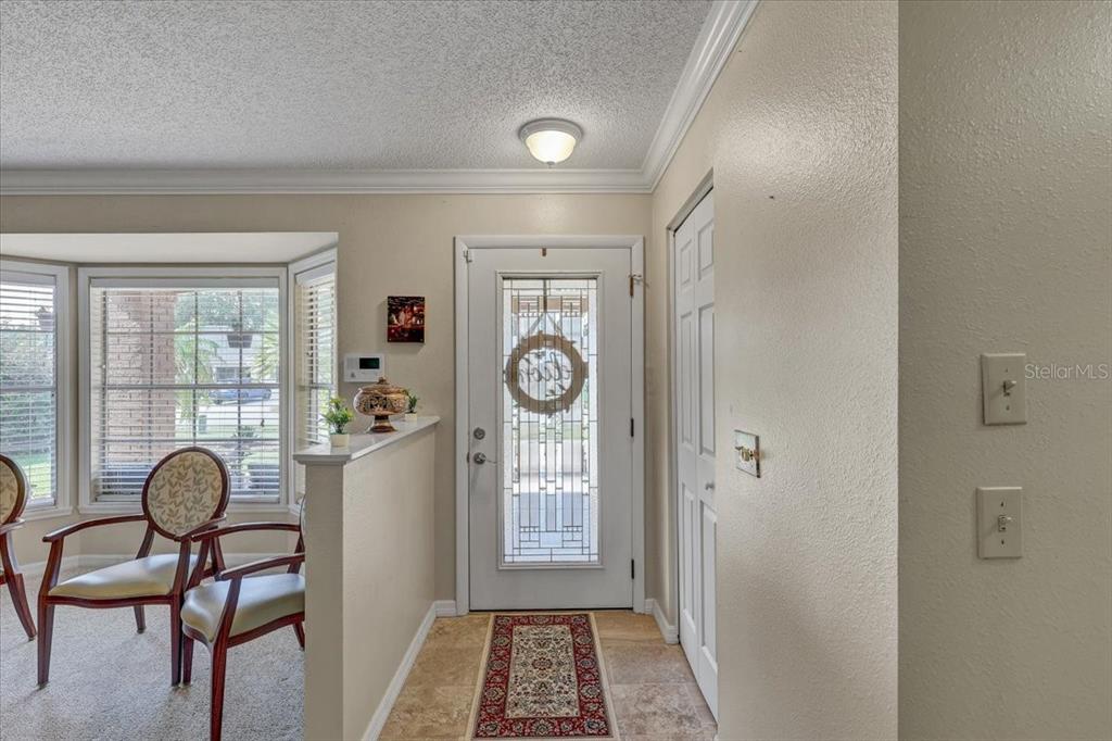 An entryway features a white front door with decorative glass, tile flooring, and a rug — 9909 SAINT JOSEPH COURT, NEW PORT RICHEY, FL