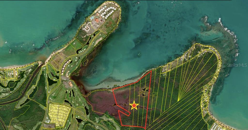 This aerial map shows a coastal property outlined in red with a yellow star marker — 968 CAMINO LAS PICUAS UNIT 26-30, RIO GRANDE, PR