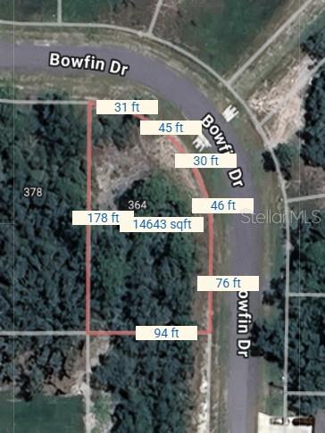 This is an aerial map showing the dimensions and square footage of a vacant lot — 364 BOWFIN DRIVE, POINCIANA, FL
