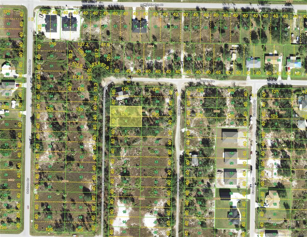 This is an aerial map showing residential lots, streets, and property boundaries in a neighborhood — 2266 CALIOPE DRIVE, PUNTA GORDA, FL