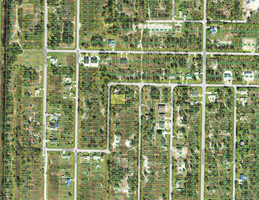 This is a satellite map showing a grid of residential land parcels and streets — 2266 CALIOPE DRIVE, PUNTA GORDA, FL