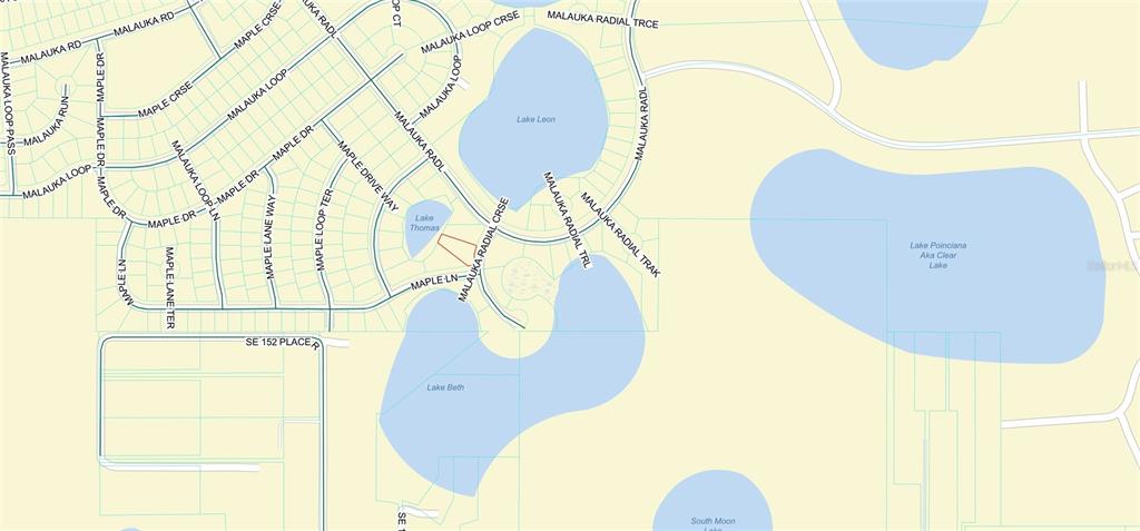 This is a map showing streets and lakes in a residential neighborhood — 0 MALAUKA RADIAL CRSE, OCKLAWAHA, FL
