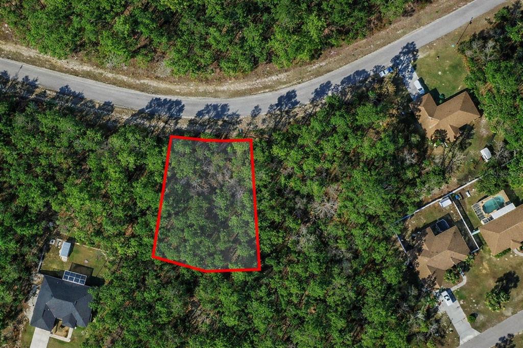 An aerial view shows a vacant, wooded lot outlined in red next to residential homes — 9367 N FAIRY LILLY DRIVE, CITRUS SPRINGS, FL