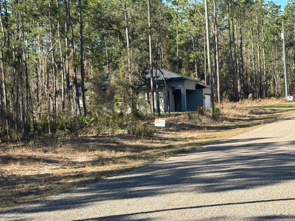 A modern house sits nestled among tall pine trees next to a gravel road — 9367 N FAIRY LILLY DRIVE, CITRUS SPRINGS, FL