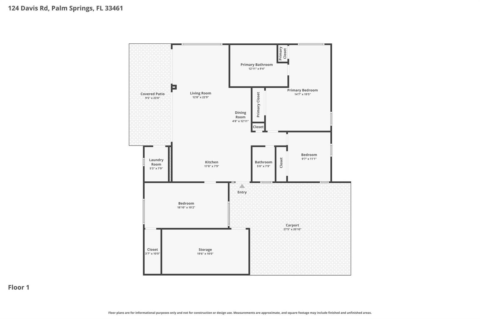 This is a floor plan for a single-story house with three bedrooms and a carport — 124 Davis Road, Palm Springs FL 33461, PALM SPRINGS, FL