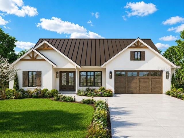 A rendering of a single-story house with a metal roof, white siding, and a garage — 6801 BALSAM PLACE, SEBRING, FL
