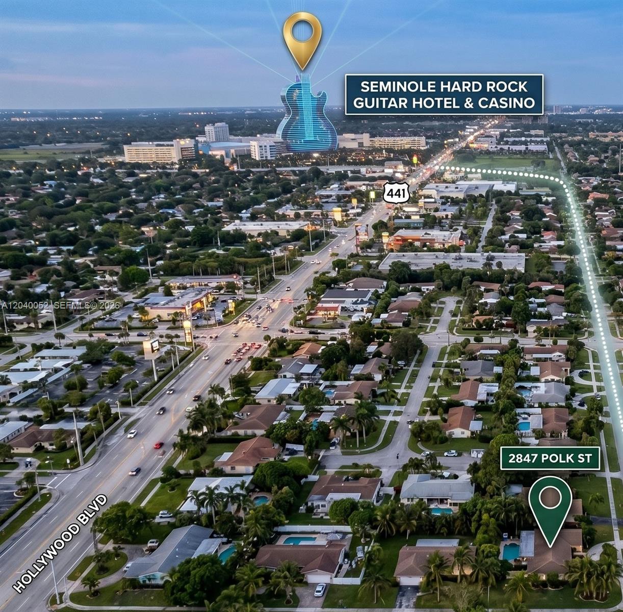 An aerial view shows a residential neighborhood near the Seminole Hard Rock Guitar Hotel — 2847 Polk St # 0, Hollywood FL 33020, HOLLYWOOD, FL