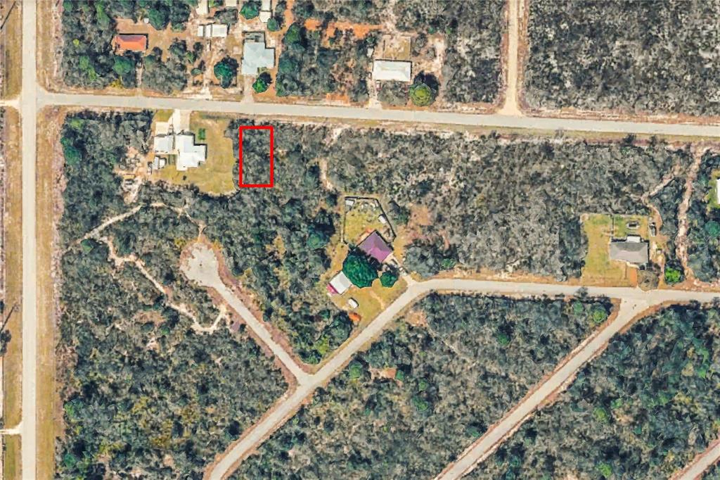 An aerial view shows a rectangular plot of land highlighted in red within a wooded area — 3552 BLUEBIRD AVENUE, LAKE PLACID, FL
