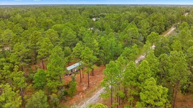 An aerial view shows a small mobile home nestled among dense pine trees near a road — 10890 SE 133RD AVENUE, DUNNELLON, FL