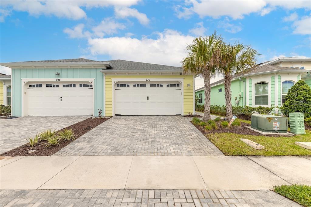 A street-level view of two adjacent single-story houses with pastel siding and paved driveways — 230 SAND BAR LANE, DAYTONA BEACH, FL