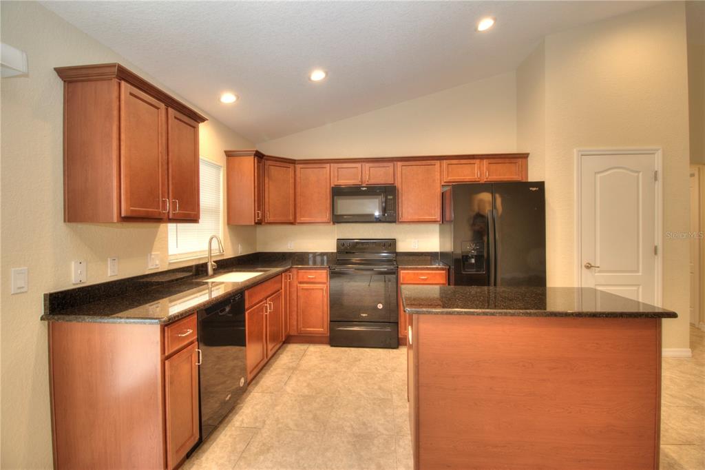 A kitchen features wood cabinets, black appliances, dark granite countertops, and a center island — 13 HEMLOCK TRACE COURT, OCALA, FL