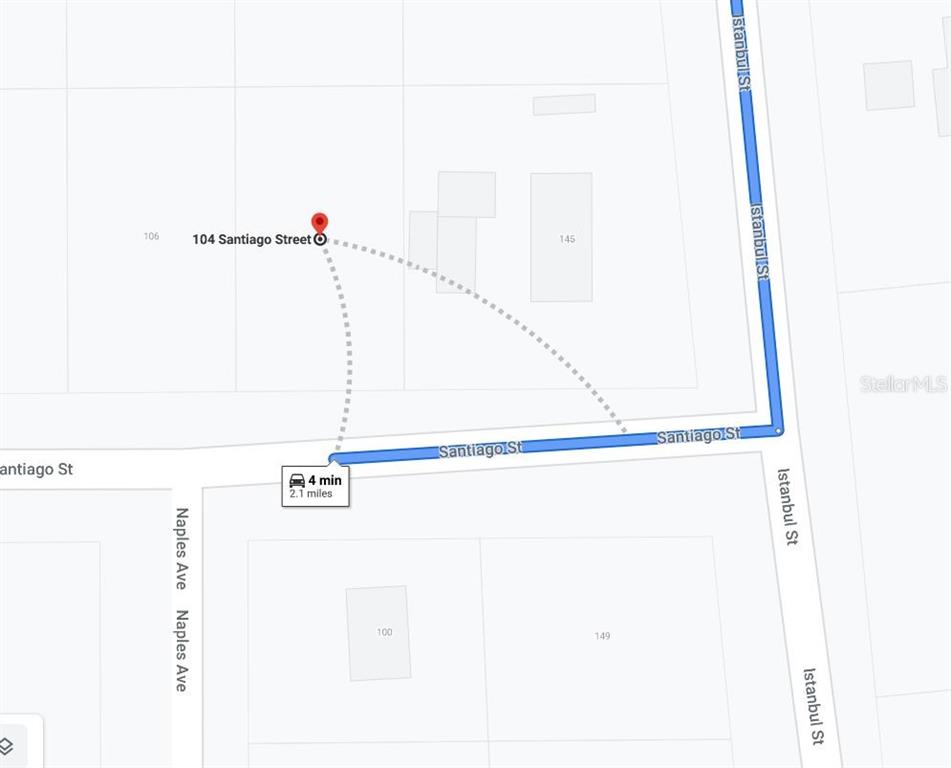 This is a map showing a location and a driving route along Santiago Street — 104 SANTIAGO STREET, INTERLACHEN, FL