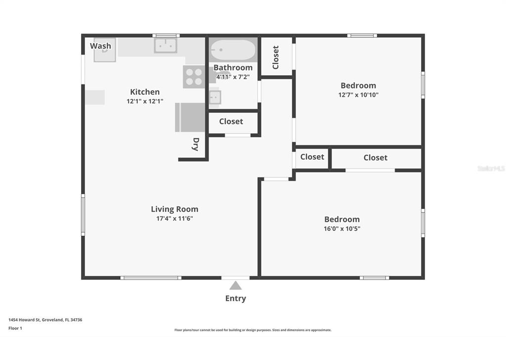 This is a floor plan showing a two-bedroom, one-bathroom home with an open living area — 1454 HOWARD STREET, GROVELAND, FL