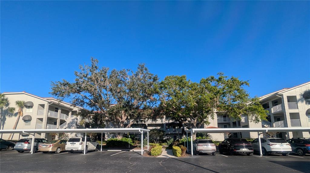 A multi-story apartment building with covered parking spaces and trees in the foreground — 9300 CLUBSIDE CIRCLE UNIT 1308, SARASOTA, FL