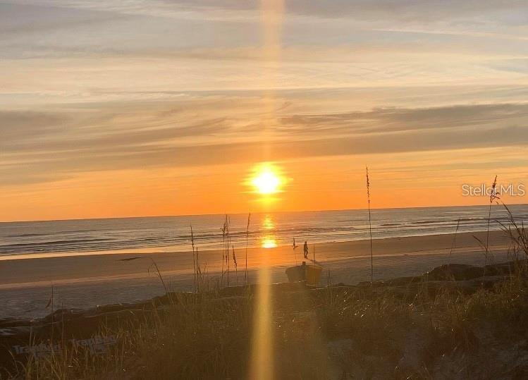 A bright sun sets over the ocean, illuminating a sandy beach with tall dune grasses — 813 N ATLANTIC AVENUE, NEW SMYRNA BEACH, FL