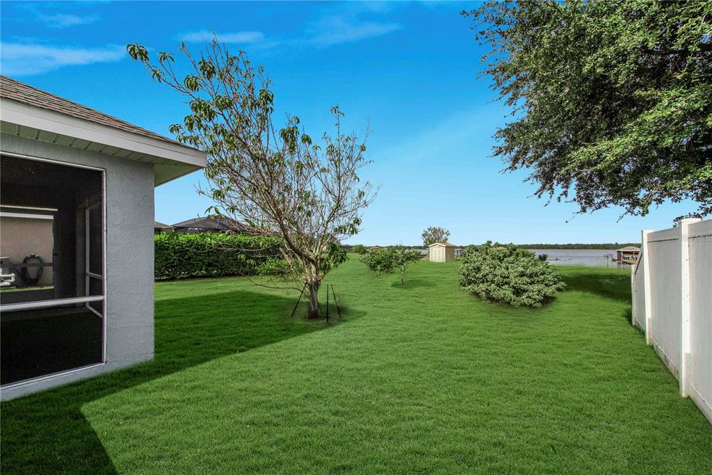 A grassy backyard features a small tree, a bush, and a white fence near water — 4099 ISLAND LAKES DRIVE, WINTER HAVEN, FL