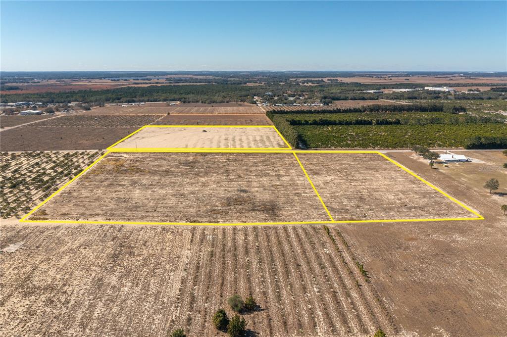 An aerial view shows three adjacent rectangular plots of cleared land outlined in yellow — TOWNSEND ROAD, LAKE WALES, FL