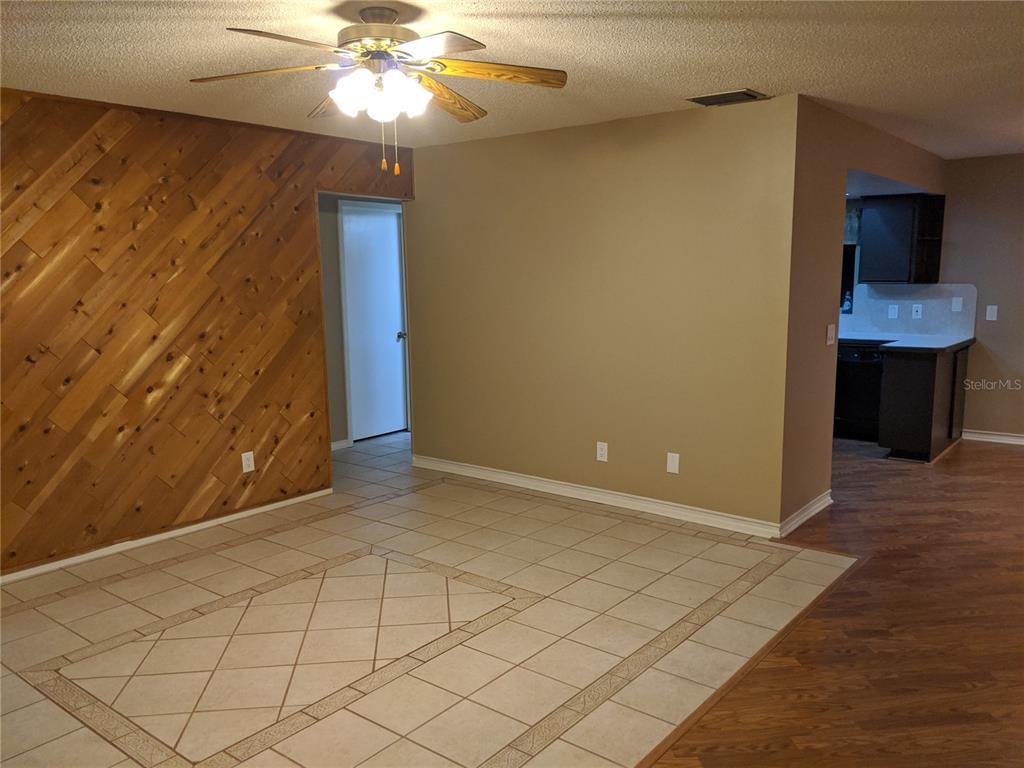 A living area features a wood-paneled accent wall, tile flooring, and a ceiling fan — 333 BRANDYWINE DRIVE, VALRICO, FL