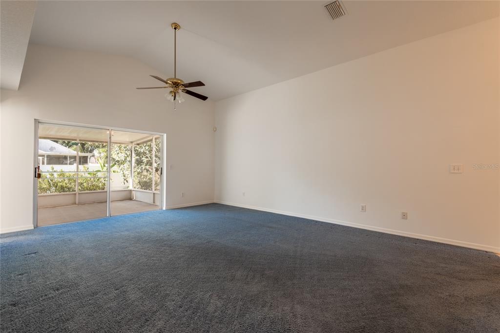 A spacious living room features blue carpeting, a vaulted ceiling with a fan, and sliding doors — 1914 WOODCUT DRIVE, LUTZ, FL