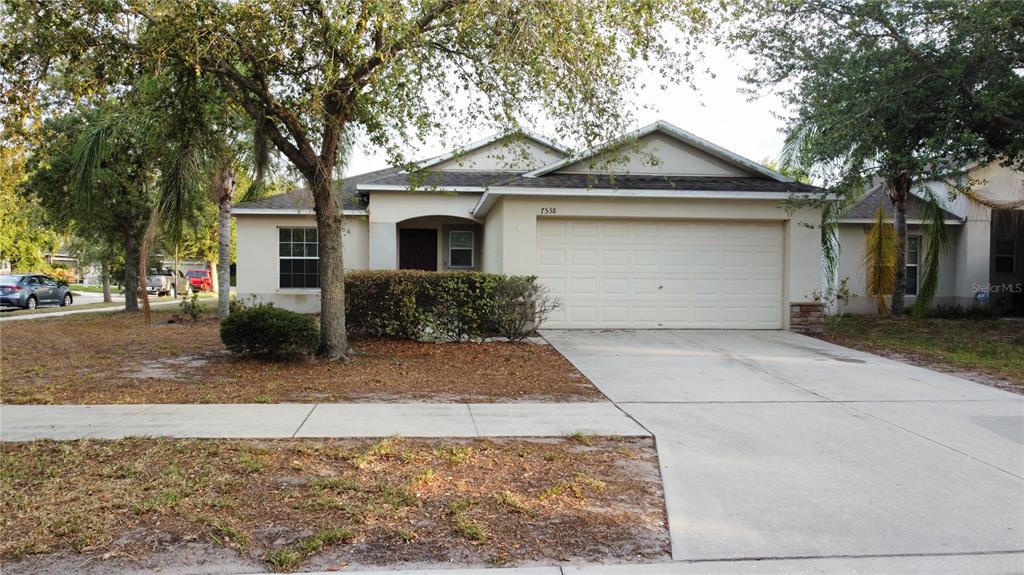 A single-story house with a beige exterior, a two-car garage, and a concrete driveway — 7538 TURTLE VIEW DRIVE, SUN CITY CENTER, FL