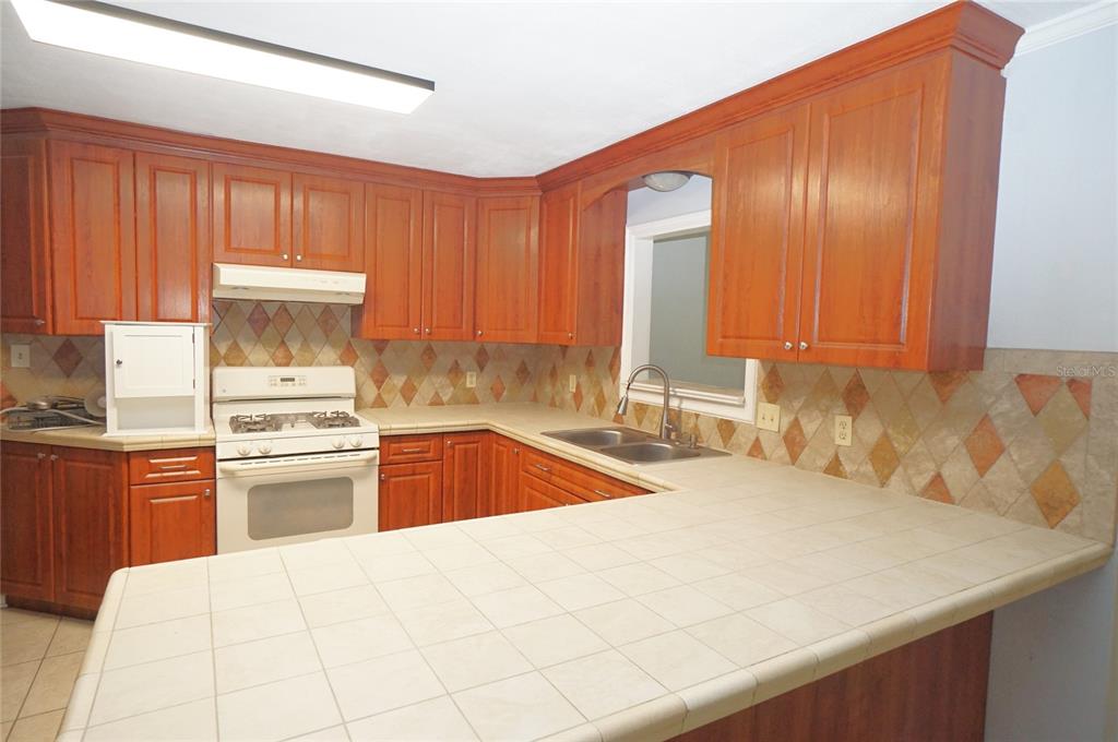 A kitchen features wood cabinets, a tiled backsplash, a white stove, and a tiled countertop — 207 N GOMEZ AVENUE, TAMPA, FL
