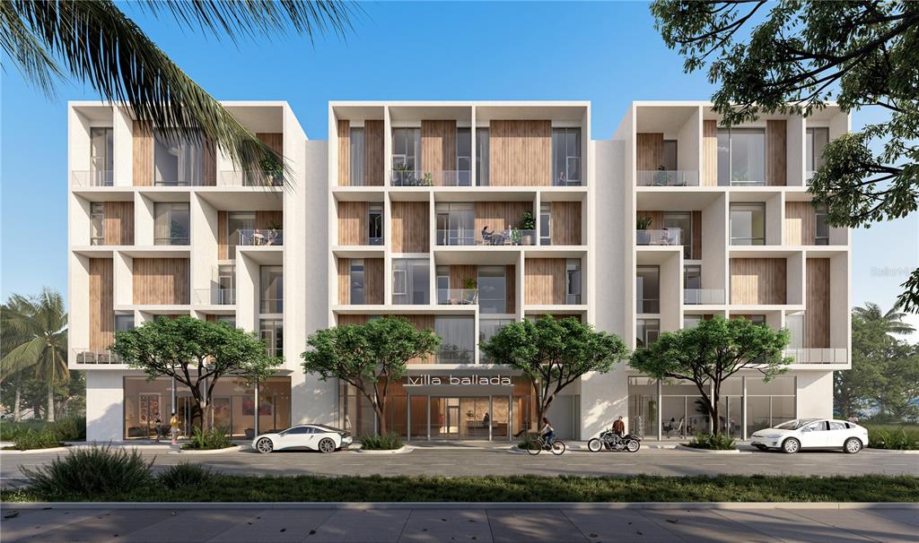 This is a rendering of a modern multi-story apartment building with wood accents and balconies — 430 KUMQUAT COURT UNIT 204, SARASOTA, FL