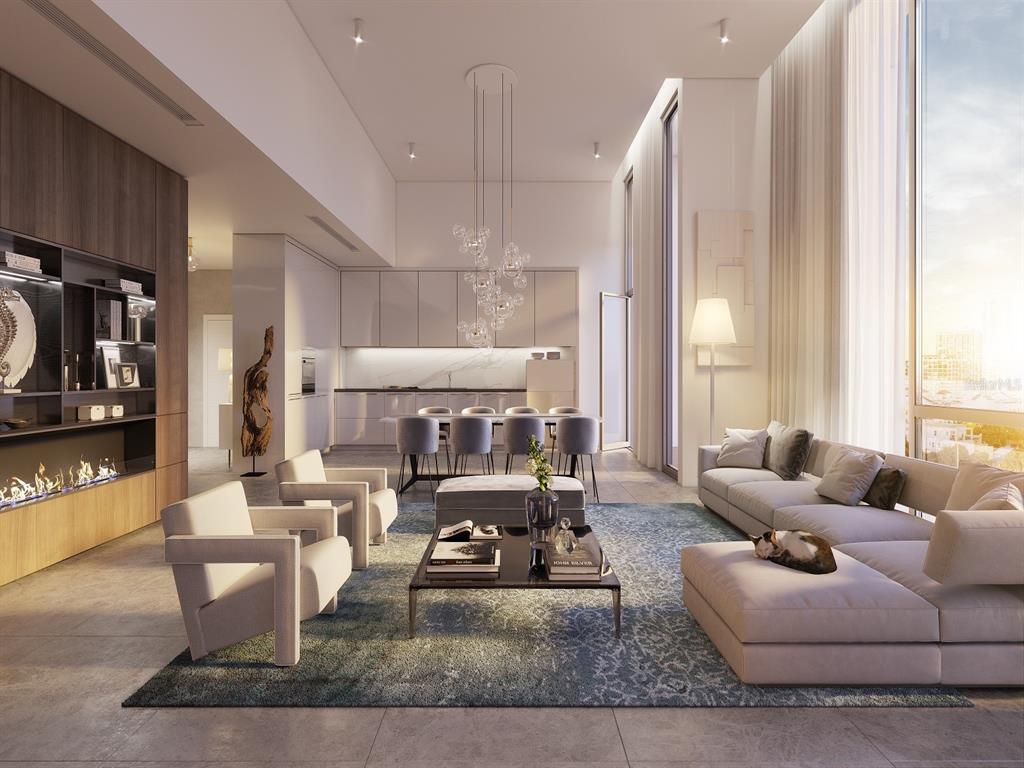 This rendering shows a modern open-concept living room and kitchen with high ceilings and floor-to-ceiling windows — 430 KUMQUAT COURT UNIT 204, SARASOTA, FL