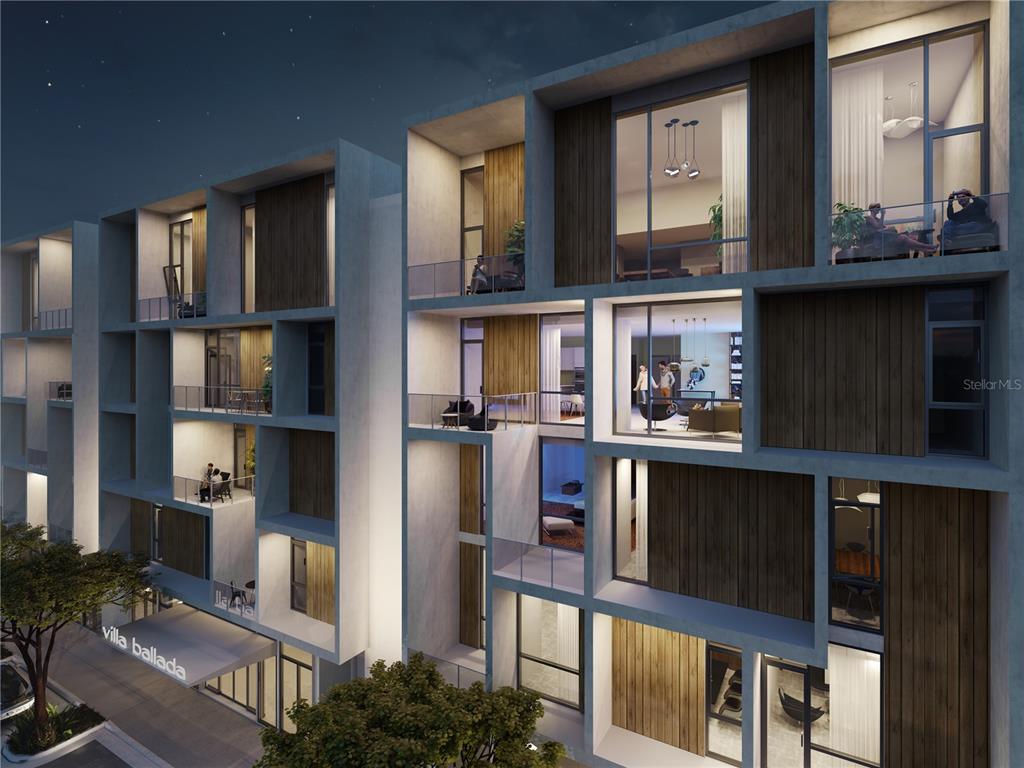 This is a digital rendering of a modern multi-story apartment building at night — 430 KUMQUAT COURT UNIT 204, SARASOTA, FL