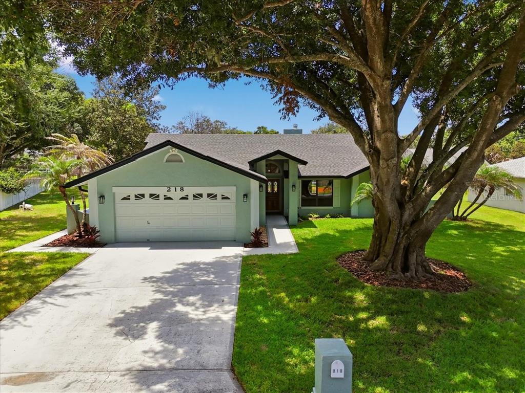A light green single-story house with a two-car garage and a large tree in front — 218 LAKE HARTRIDGE DRIVE NW, WINTER HAVEN, FL