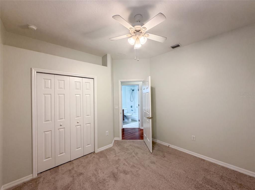 A bedroom with beige carpet, a ceiling fan, a white closet, and an open bathroom door — 33450 IRONGATE DRIVE, LEESBURG, FL