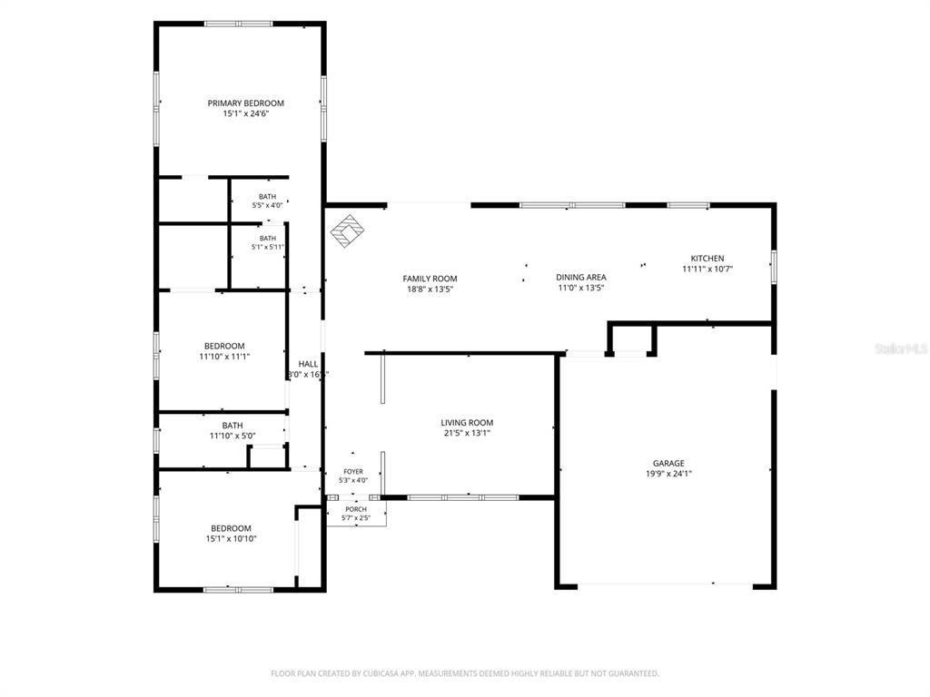 This is a floor plan showing the layout of a house with three bedrooms and garage — 21 CUNNINGHAM DRIVE, NEW SMYRNA BEACH, FL