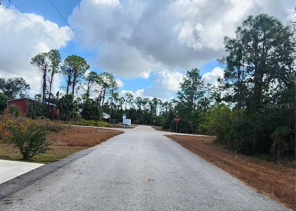 A paved road leads to a stop sign at a rural intersection surrounded by trees — FILBERT STREET, NORTH PORT, FL